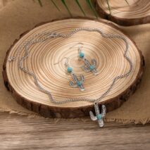 Chic Turquoise Inlaid Cactus Pendant Necklace Earrings Set - ArtGalleryZen