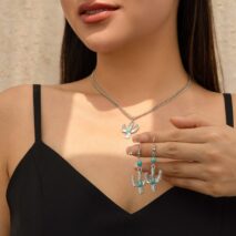 Chic Turquoise Inlaid Cactus Pendant Necklace Earrings Set - ArtGalleryZen