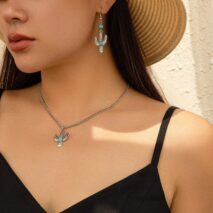 Chic Turquoise Inlaid Cactus Pendant Necklace Earrings Set - ArtGalleryZen