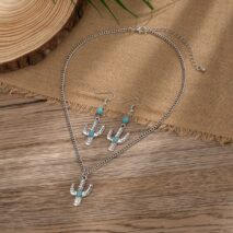 Chic Turquoise Inlaid Cactus Pendant Necklace Earrings Set - ArtGalleryZen