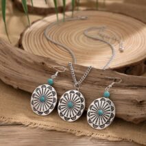 Chic Turquoise Inlaid Carved Sunflower Pendant Necklace Earrings Set - ArtGalleryZen