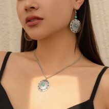 Chic Turquoise Inlaid Carved Sunflower Pendant Necklace Earrings Set - ArtGalleryZen