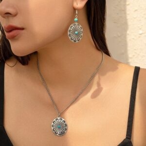 Chic Turquoise Inlaid Carved Sunflower Pendant Necklace Earrings Set - ArtGalleryZen