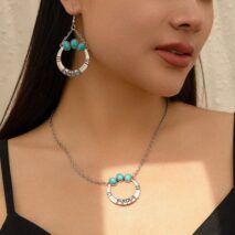 Chic Turquoise Inlaid Hoop Charm Necklace Earrings Set - ArtGalleryZen