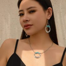 Chic Turquoise Inlaid Hoop Charm Necklace Earrings Set - ArtGalleryZen