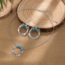 Chic Turquoise Inlaid Hoop Charm Necklace Earrings Set - ArtGalleryZen