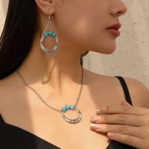 Chic Turquoise Inlaid Hoop Charm Necklace Earrings Set - ArtGalleryZen