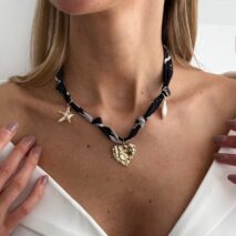 Chiffon Ribbon Choker Necklace Heart Starfish Pearl Charm Pendant - ArtGalleryZen