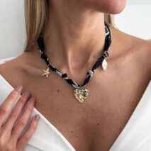 Chiffon Ribbon Choker Necklace Heart Starfish Pearl Charm Pendant - ArtGalleryZen