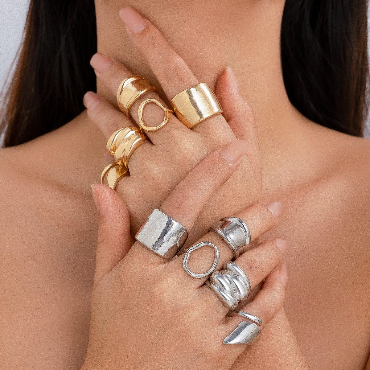 Chunky 4Pcs Hollow Oval Glossy Stackable Ring Set - ArtGalleryZen