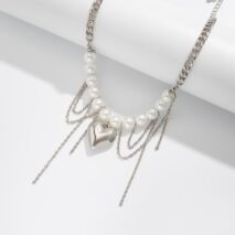 Chunky Layered Heart Pendant Pearl Curb Chain Necklace - ArtGalleryZen
