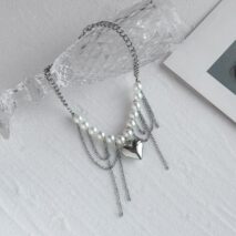 Chunky Layered Heart Pendant Pearl Curb Chain Necklace - ArtGalleryZen