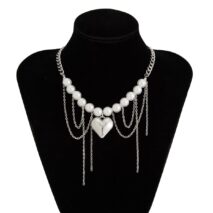 Chunky Layered Heart Pendant Pearl Curb Chain Necklace - ArtGalleryZen