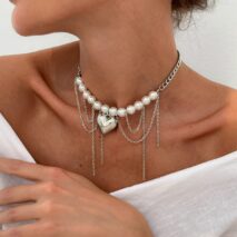 Chunky Layered Heart Pendant Pearl Curb Chain Necklace - ArtGalleryZen