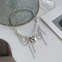 Chunky Layered Heart Pendant Pearl Curb Chain Necklace - ArtGalleryZen