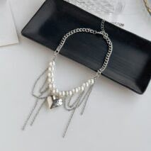 Chunky Layered Heart Pendant Pearl Curb Chain Necklace - ArtGalleryZen