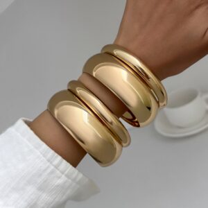 Classic 4pcs Gold Silver Tone Wide Cuff Bangle Bracelet Set - ArtGalleryZen