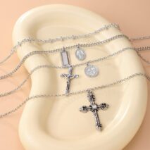 Classic Layered Gold Silver Tone Pattern Round Disk Cross Pendant Y Necklace Set - ArtGalleryZen