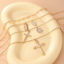 Classic Layered Gold Silver Tone Pattern Round Disk Cross Pendant Y Necklace Set - ArtGalleryZen