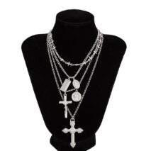 Classic Layered Gold Silver Tone Pattern Round Disk Cross Pendant Y Necklace Set - ArtGalleryZen