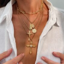 Classic Layered Gold Silver Tone Pattern Round Disk Cross Pendant Y Necklace Set - ArtGalleryZen