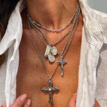 Classic Layered Gold Silver Tone Pattern Round Disk Cross Pendant Y Necklace Set - ArtGalleryZen