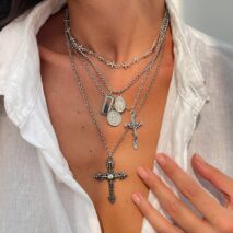 Classic Layered Gold Silver Tone Pattern Round Disk Cross Pendant Y Necklace Set - ArtGalleryZen