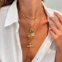 Classic Layered Gold Silver Tone Pattern Round Disk Cross Pendant Y Necklace Set - ArtGalleryZen