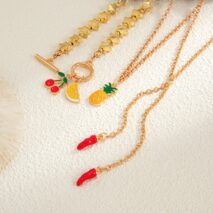 Colorful 3pcs Enamel Cherry Pineapple Fruit Charm Star Chain Necklace - ArtGalleryZen