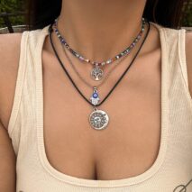 Colorful Crystal Beaded Sun Moon Tree Pendant Wax Cord String Necklace Set - ArtGalleryZen