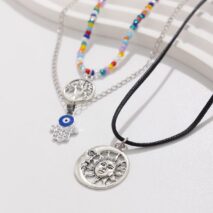 Colorful Crystal Beaded Sun Moon Tree Pendant Wax Cord String Necklace Set - ArtGalleryZen