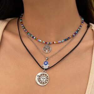 Colorful Crystal Beaded Sun Moon Tree Pendant Wax Cord String Necklace Set - ArtGalleryZen