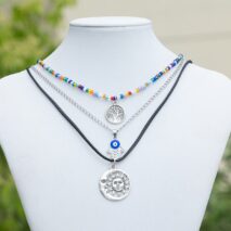 Colorful Crystal Beaded Sun Moon Tree Pendant Wax Cord String Necklace Set - ArtGalleryZen