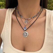 Colorful Crystal Beaded Sun Moon Tree Pendant Wax Cord String Necklace Set - ArtGalleryZen