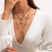 Colorful Crystal Long Chain Turquoise Sun Pendant Necklace Set - ArtGalleryZen