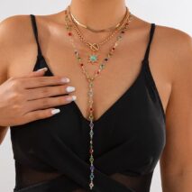 Colorful Crystal Long Chain Turquoise Sun Pendant Necklace Set - ArtGalleryZen