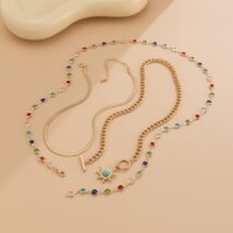 Colorful Crystal Long Chain Turquoise Sun Pendant Necklace Set - ArtGalleryZen