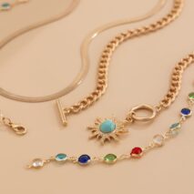 Colorful Crystal Long Chain Turquoise Sun Pendant Necklace Set - ArtGalleryZen