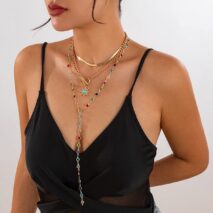 Colorful Crystal Long Chain Turquoise Sun Pendant Necklace Set - ArtGalleryZen