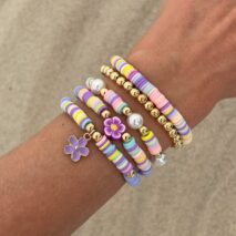 Colorful Layered Enamel Flower Polymer Clay Pearl Beaded Bracelet Set - ArtGalleryZen
