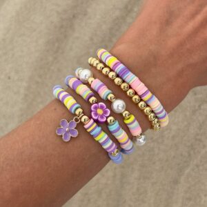 Colorful Layered Enamel Flower Polymer Clay Pearl Beaded Bracelet Set - ArtGalleryZen