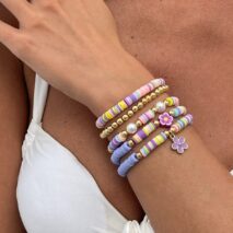 Colorful Layered Enamel Flower Polymer Clay Pearl Beaded Bracelet Set - ArtGalleryZen