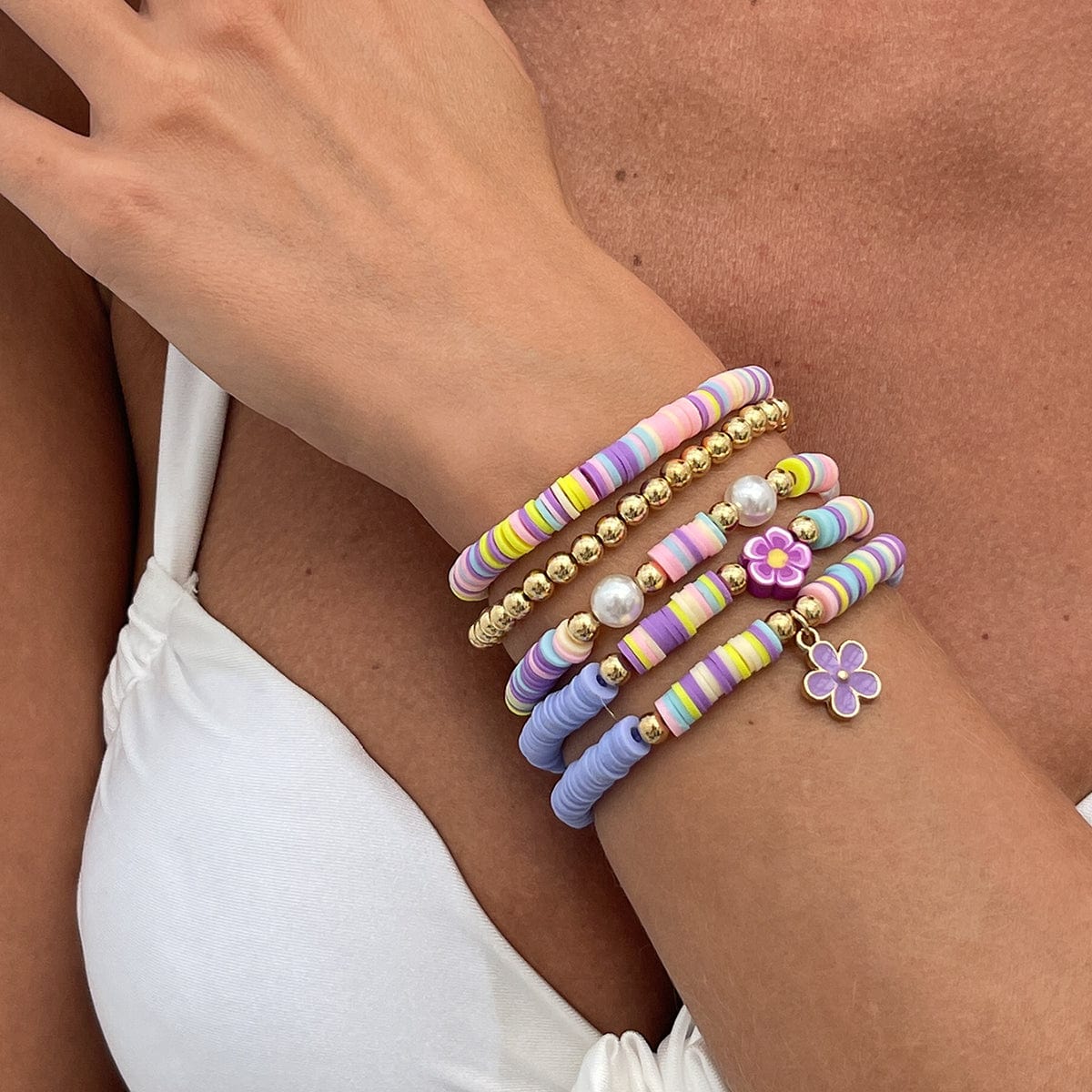 Colorful Layered Enamel Flower Polymer Clay Pearl Beaded Bracelet Set - ArtGalleryZen