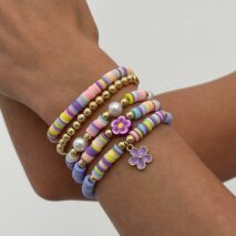 Colorful Layered Enamel Flower Polymer Clay Pearl Beaded Bracelet Set - ArtGalleryZen