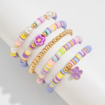 Colorful Layered Enamel Flower Polymer Clay Pearl Beaded Bracelet Set - ArtGalleryZen