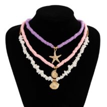 Colorful Layered Shell Starfish Pendant Turquoise Stone Polymer Clay Chain Necklace Set - ArtGalleryZen