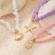 Colorful Layered Shell Starfish Pendant Turquoise Stone Polymer Clay Chain Necklace Set - ArtGalleryZen