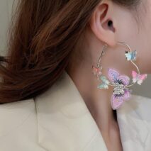 Colorful Rhinestone Inlaid Embroidery Butterfly Heart Hoop Earrings - ArtGalleryZen