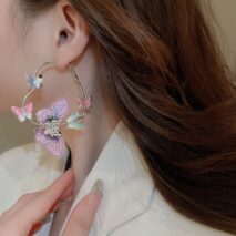 Colorful Rhinestone Inlaid Embroidery Butterfly Heart Hoop Earrings - ArtGalleryZen