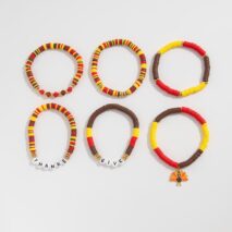 Colorful Thanksgiving Theme Turkey Charm Polymer Clay Letter Beaded Bracelet Set - ArtGalleryZen